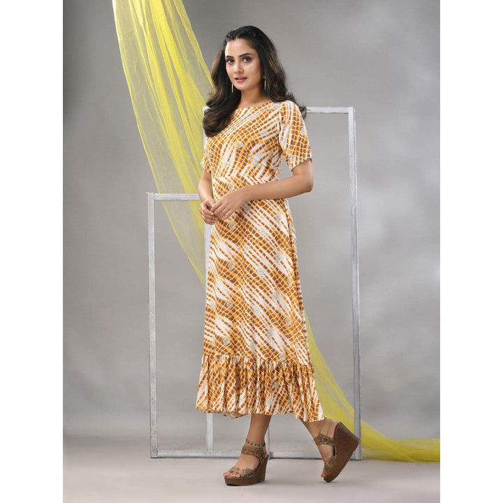 CHARUKRITI White & Mustard Rayon Shibori Printed Ethnic Dress