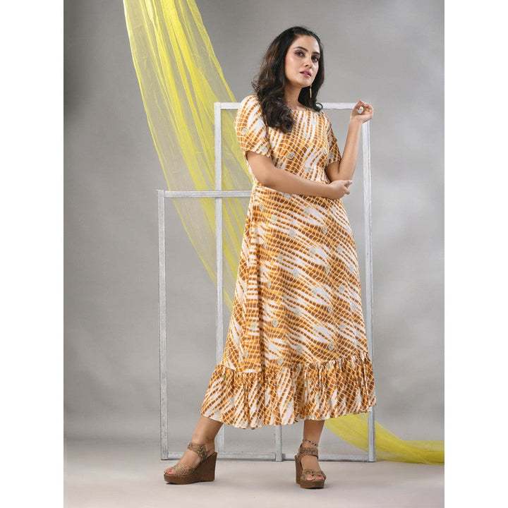 CHARUKRITI White & Mustard Rayon Shibori Printed Ethnic Dress