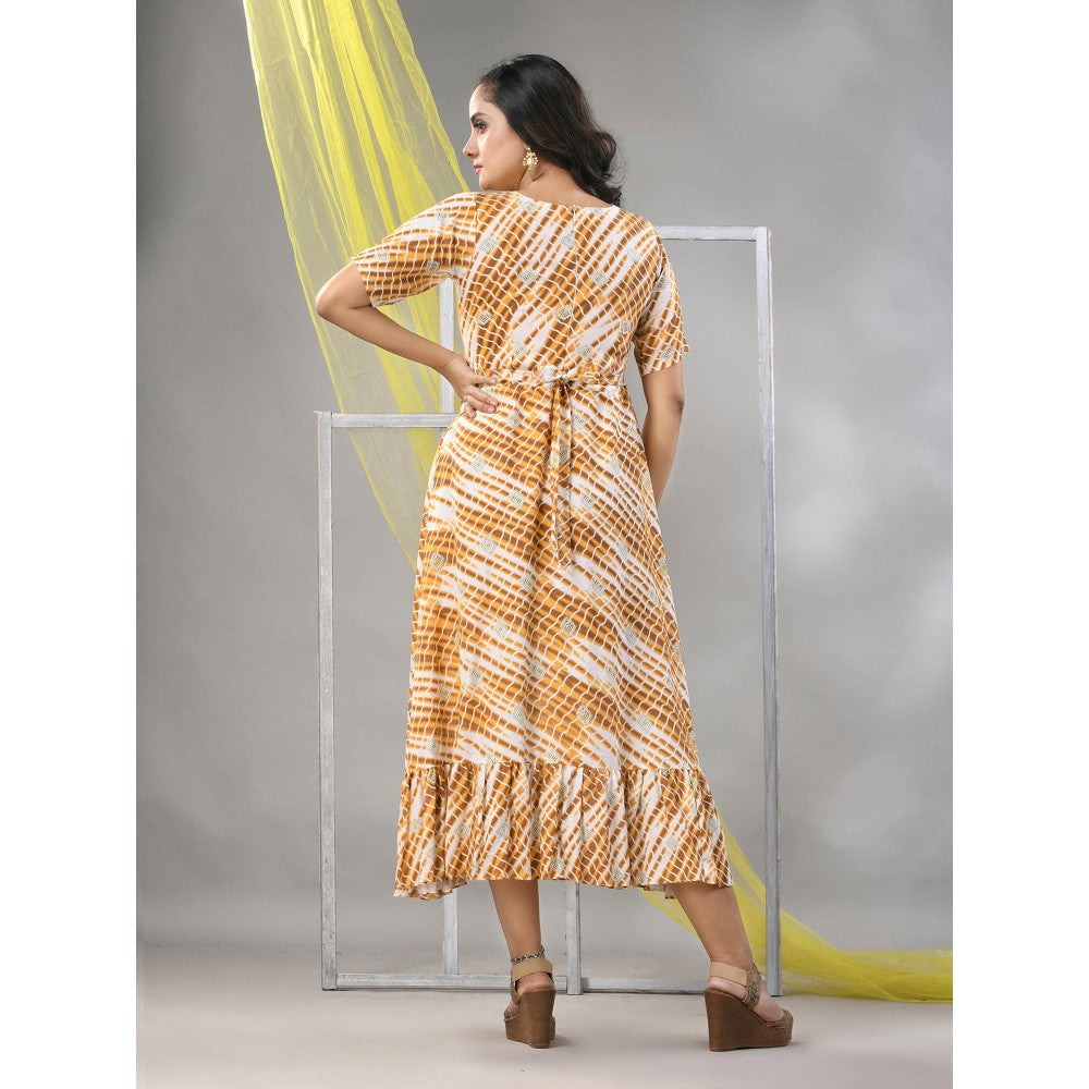 CHARUKRITI White & Mustard Rayon Shibori Printed Ethnic Dress