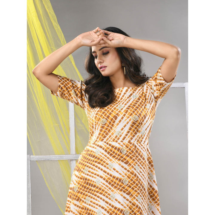 CHARUKRITI White & Mustard Rayon Shibori Printed Ethnic Dress