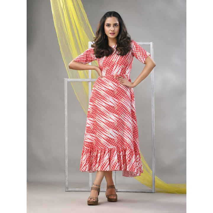 CHARUKRITI White & Red Rayon Shibori Printed Ethnic Dress