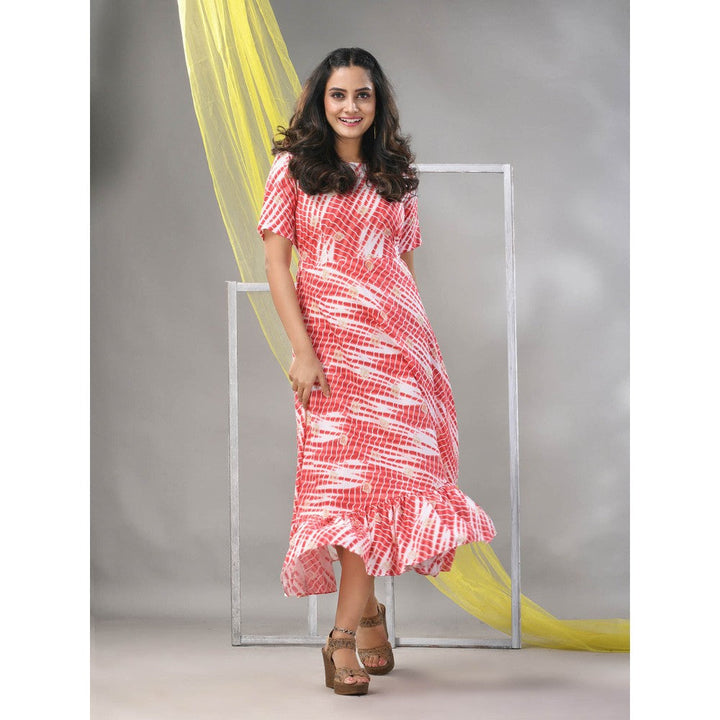 CHARUKRITI White & Red Rayon Shibori Printed Ethnic Dress