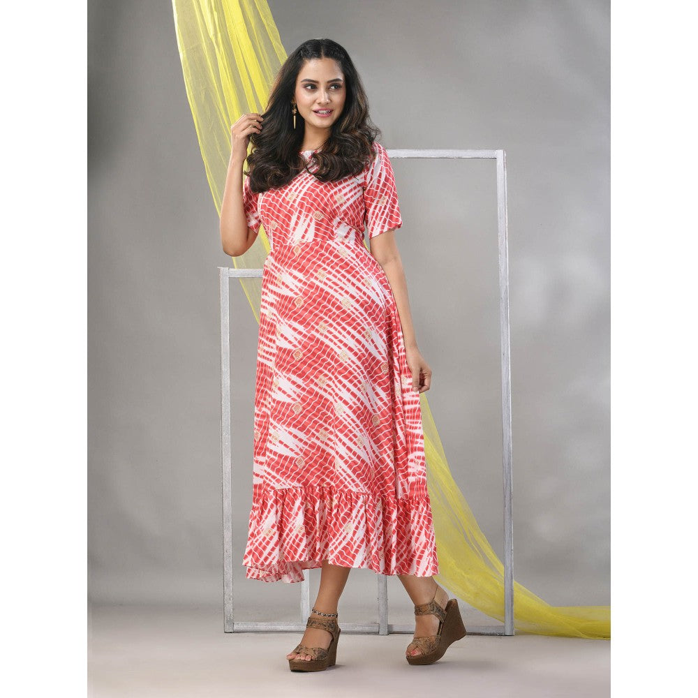 CHARUKRITI White & Red Rayon Shibori Printed Ethnic Dress