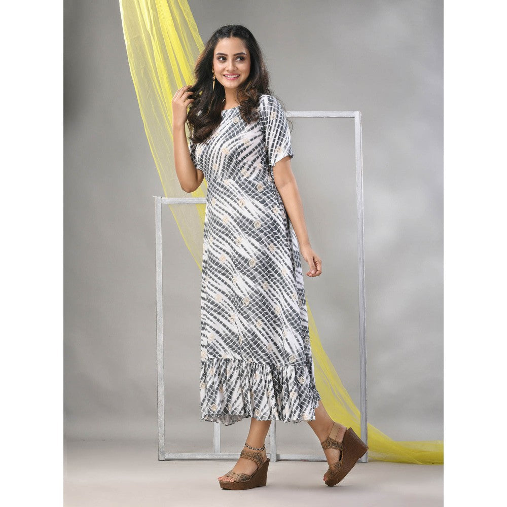 CHARUKRITI White & Grey Rayon Shibori Printed Ethnic Dress