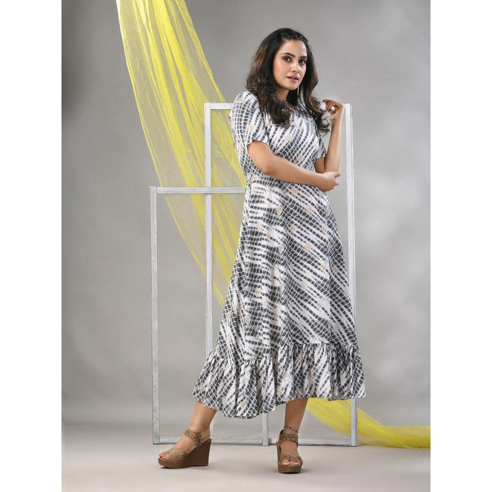 CHARUKRITI White & Grey Rayon Shibori Printed Ethnic Dress