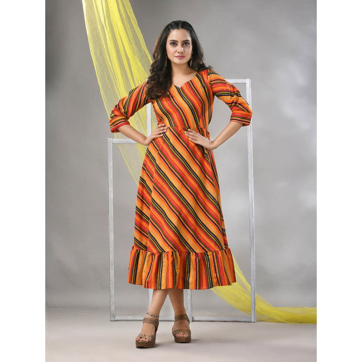 CHARUKRITI Multi-Color Cotton Blend Stripe Printed Flared Ethnic Dress