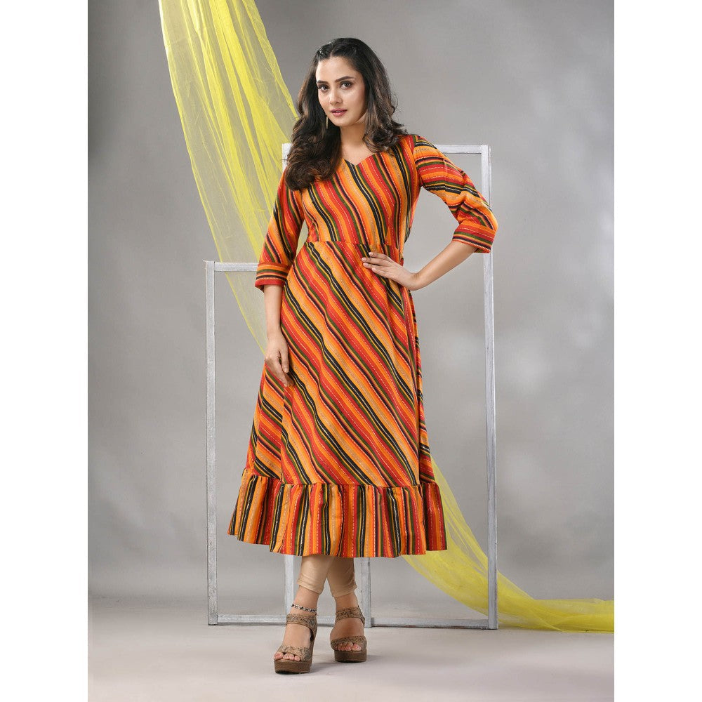 CHARUKRITI Multi-Color Cotton Blend Stripe Printed Flared Ethnic Dress