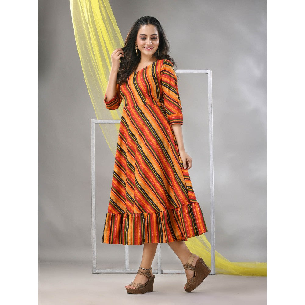 CHARUKRITI Multi-Color Cotton Blend Stripe Printed Flared Ethnic Dress