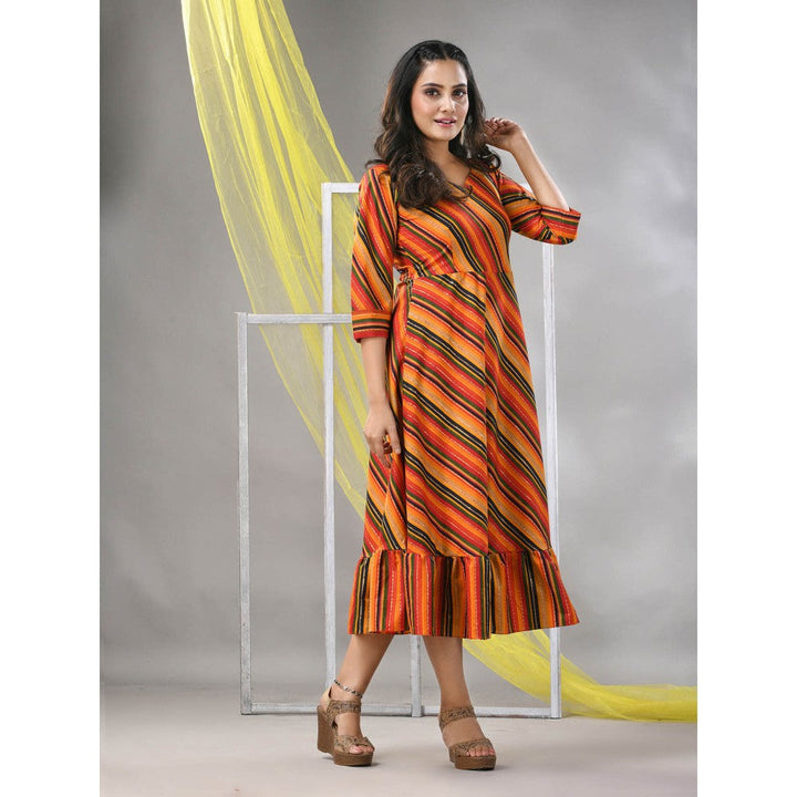 CHARUKRITI Multi-Color Cotton Blend Stripe Printed Flared Ethnic Dress