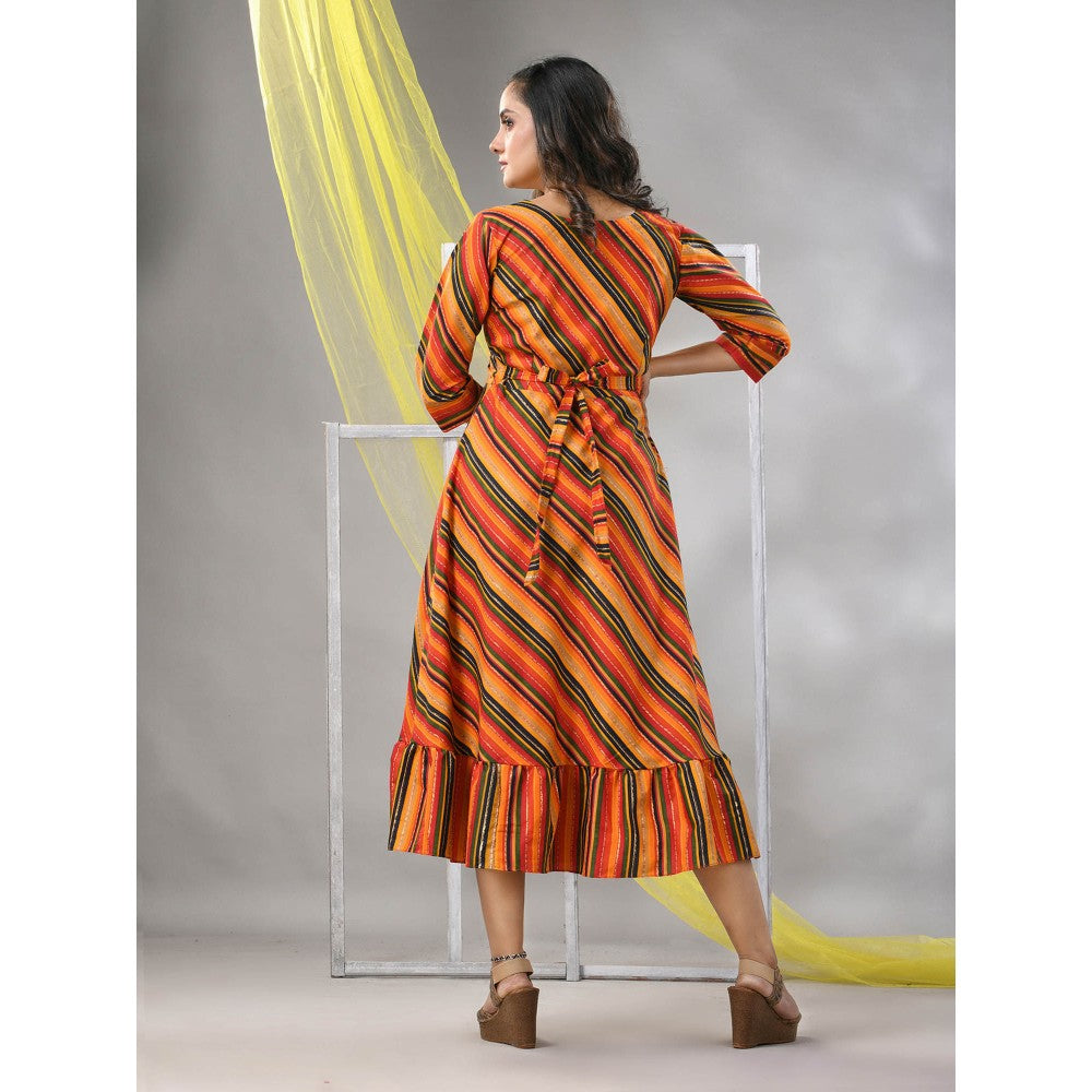 CHARUKRITI Multi-Color Cotton Blend Stripe Printed Flared Ethnic Dress