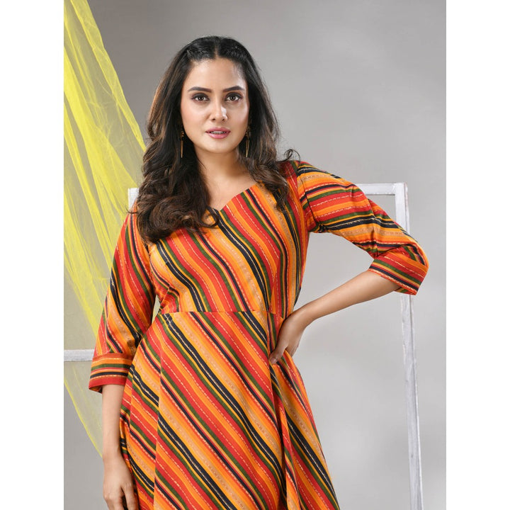 CHARUKRITI Multi-Color Cotton Blend Stripe Printed Flared Ethnic Dress