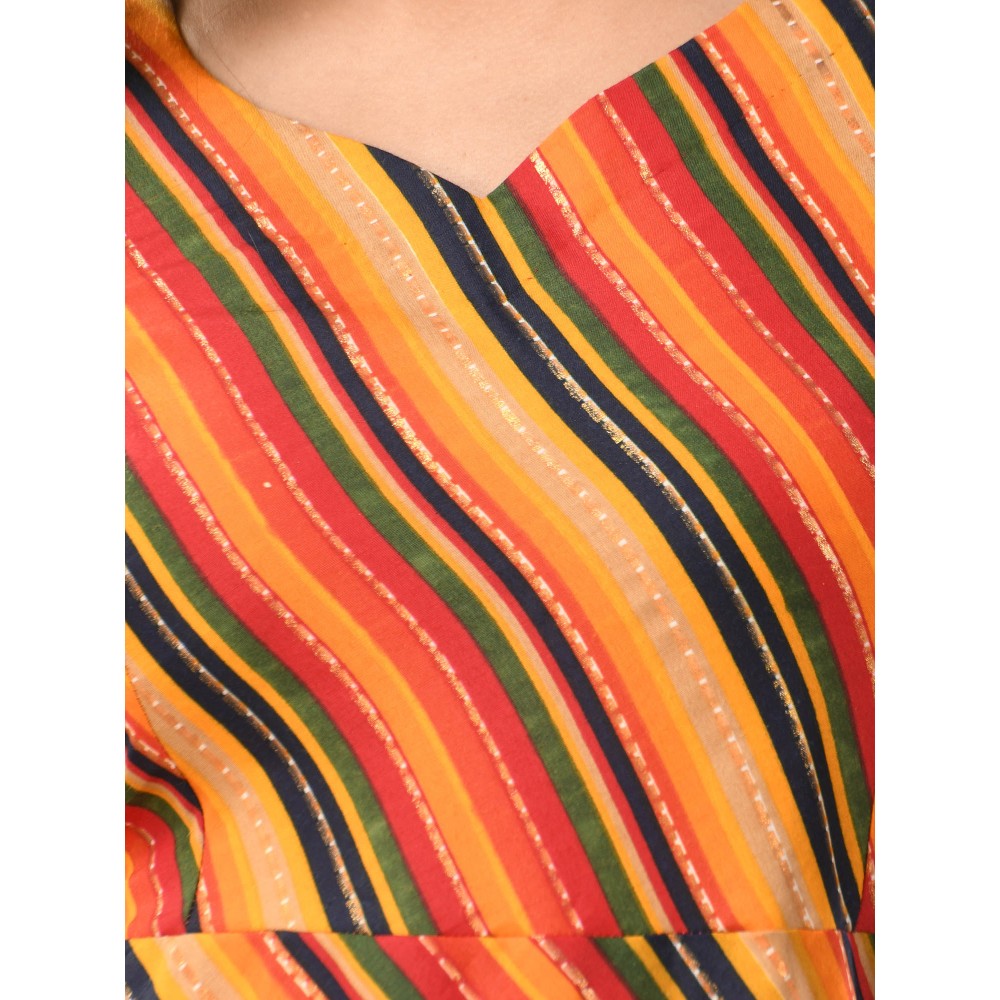 CHARUKRITI Multi-Color Cotton Blend Stripe Printed Flared Ethnic Dress