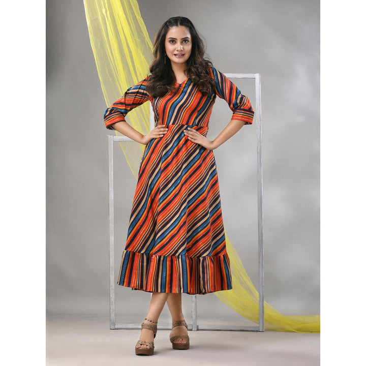 CHARUKRITI Multi-Color Cotton Blend Stripe Printed Flared Ethnic Dress