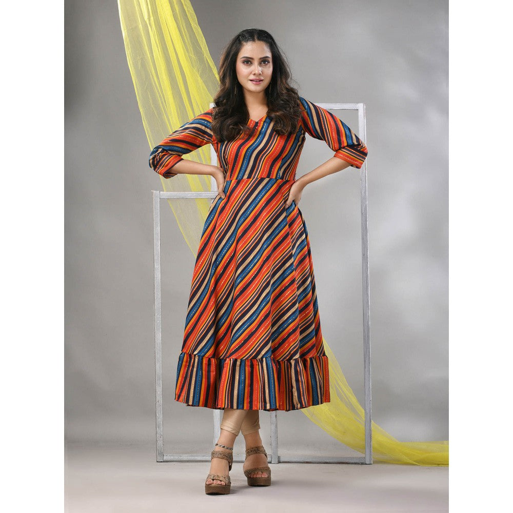 CHARUKRITI Multi-Color Cotton Blend Stripe Printed Flared Ethnic Dress