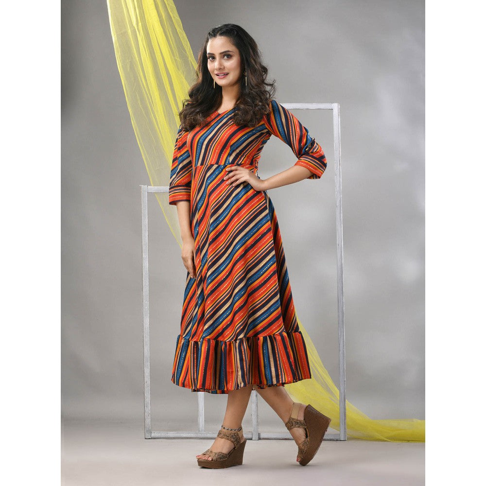 CHARUKRITI Multi-Color Cotton Blend Stripe Printed Flared Ethnic Dress