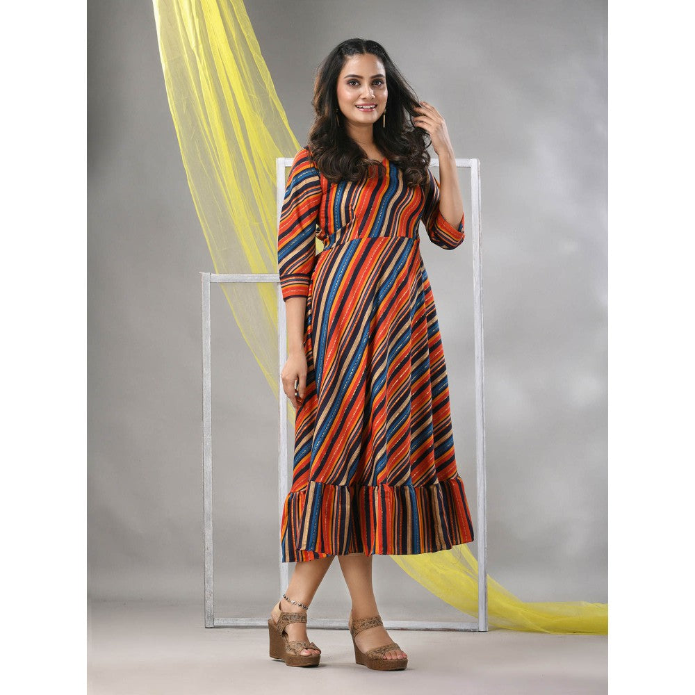 CHARUKRITI Multi-Color Cotton Blend Stripe Printed Flared Ethnic Dress