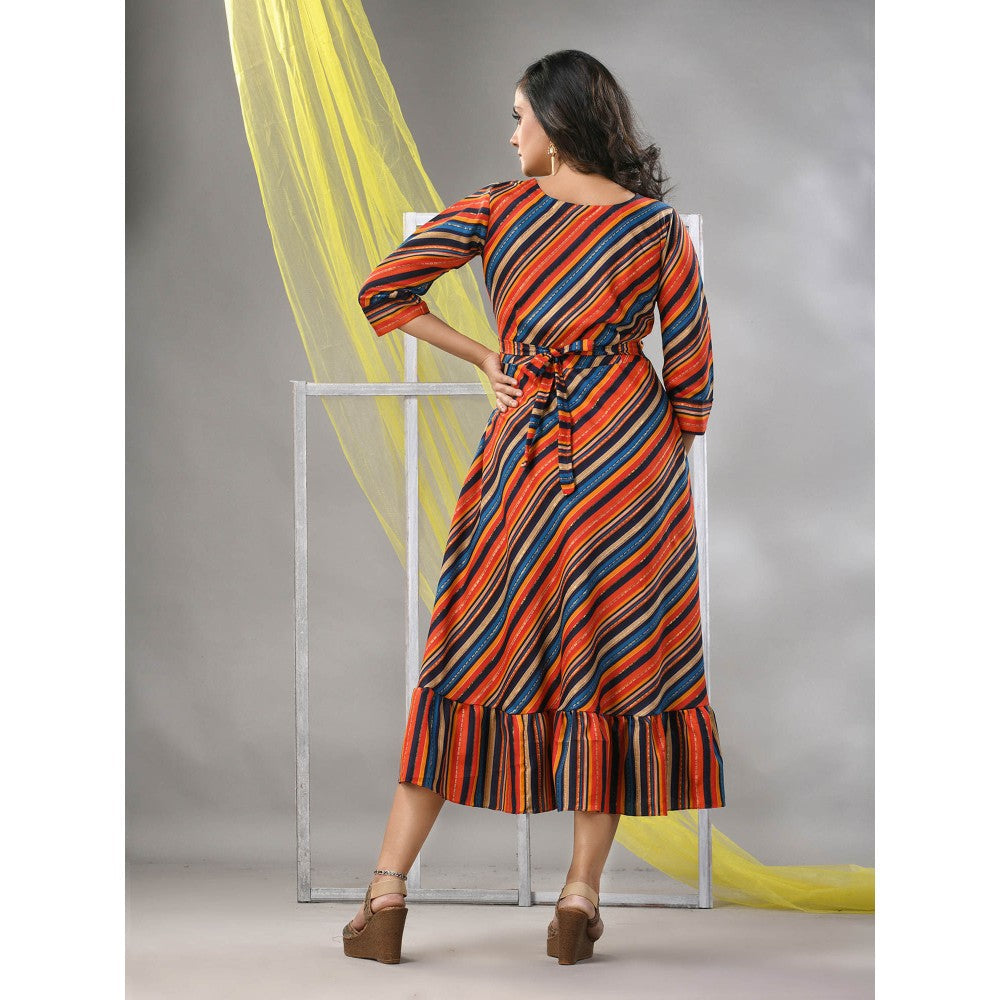 CHARUKRITI Multi-Color Cotton Blend Stripe Printed Flared Ethnic Dress