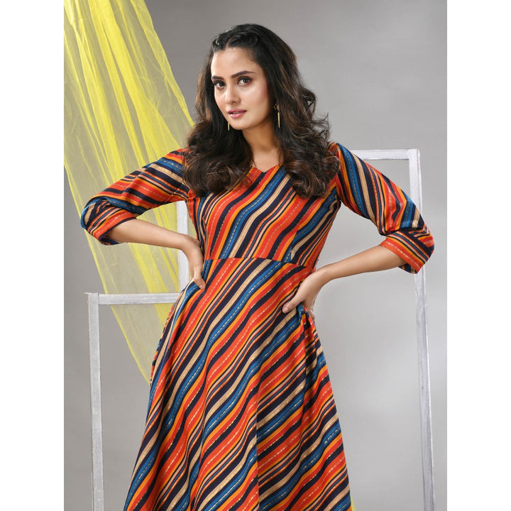 CHARUKRITI Multi-Color Cotton Blend Stripe Printed Flared Ethnic Dress