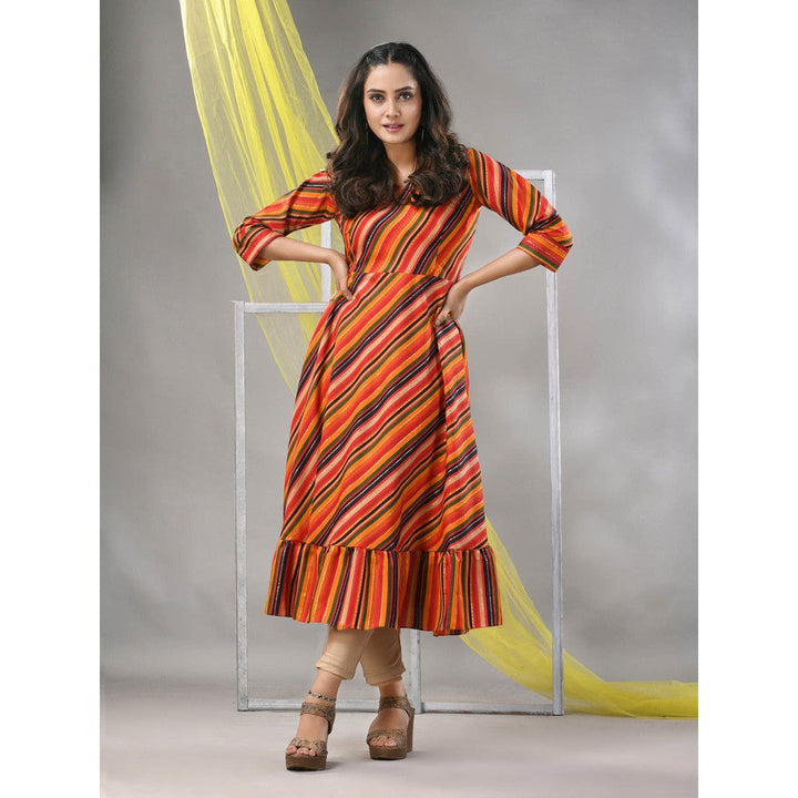 CHARUKRITI Multi-Color Cotton Blend Stripe Printed Flared Ethnic Dress