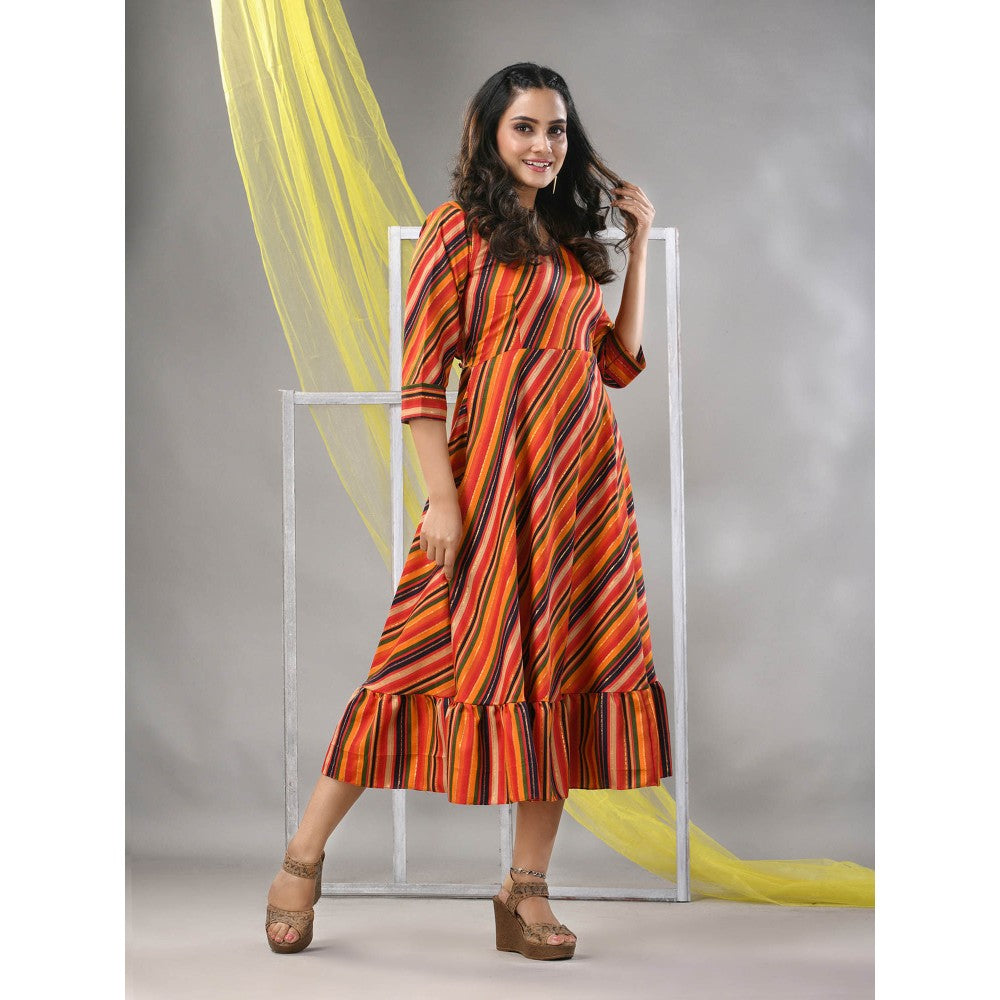 CHARUKRITI Multi-Color Cotton Blend Stripe Printed Flared Ethnic Dress