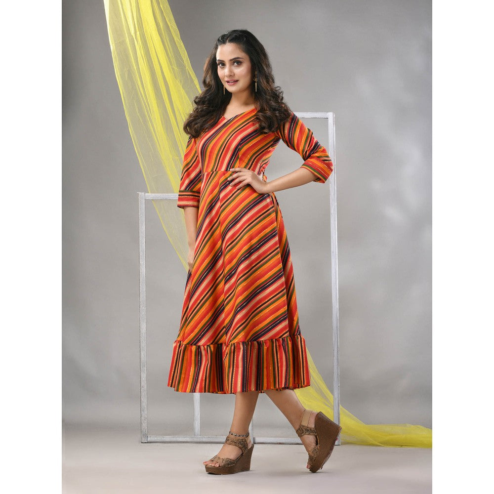 CHARUKRITI Multi-Color Cotton Blend Stripe Printed Flared Ethnic Dress