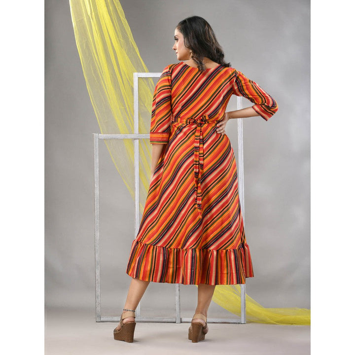 CHARUKRITI Multi-Color Cotton Blend Stripe Printed Flared Ethnic Dress