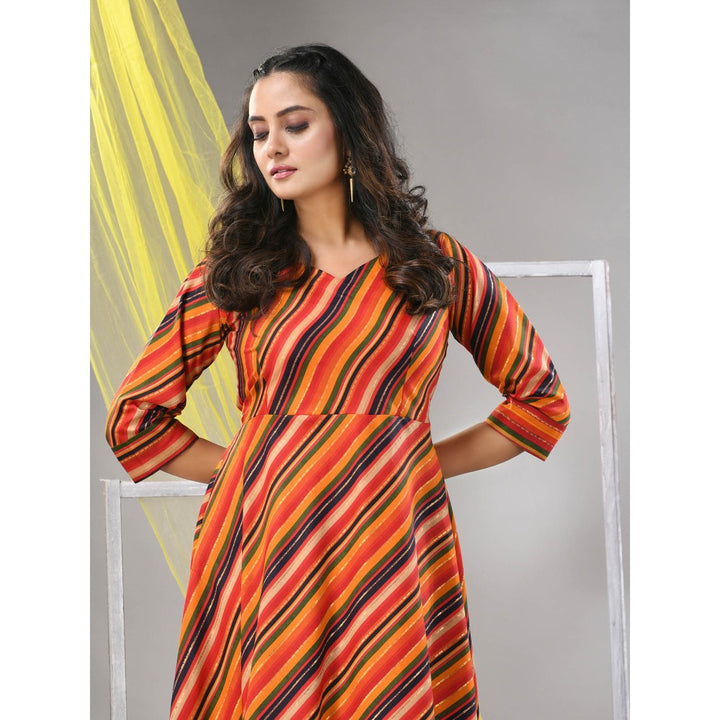 CHARUKRITI Multi-Color Cotton Blend Stripe Printed Flared Ethnic Dress