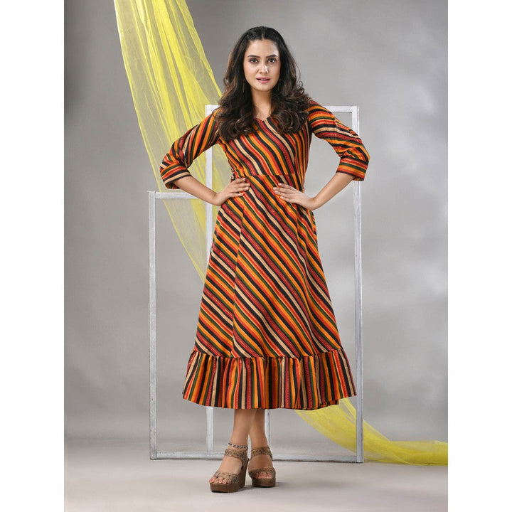 CHARUKRITI Multi-Color Cotton Blend Stripe Printed Flared Ethnic Dress