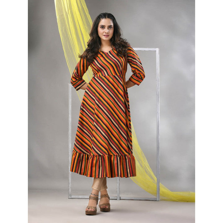 CHARUKRITI Multi-Color Cotton Blend Stripe Printed Flared Ethnic Dress