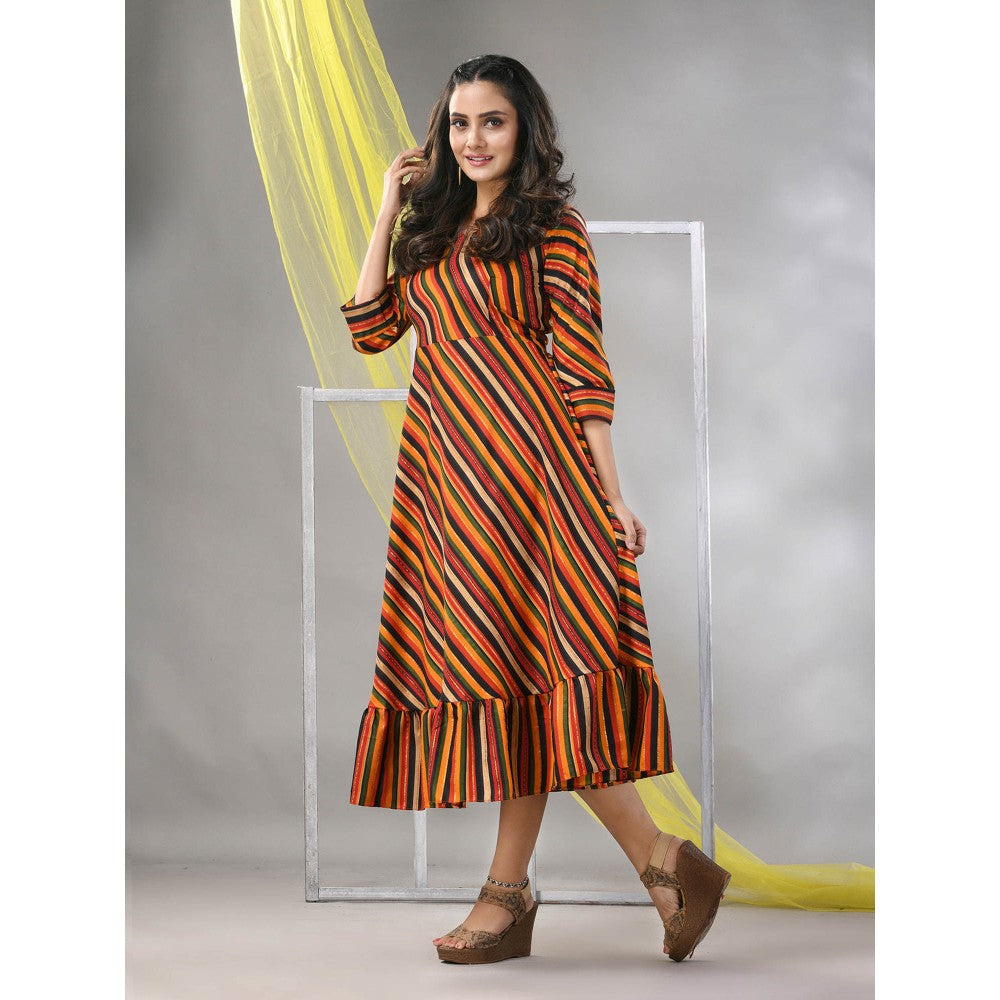 CHARUKRITI Multi-Color Cotton Blend Stripe Printed Flared Ethnic Dress