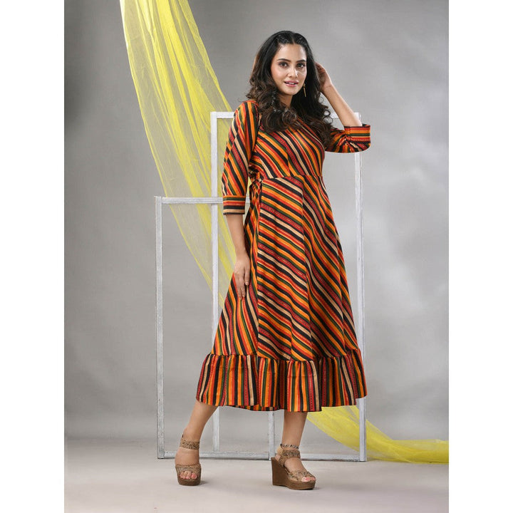 CHARUKRITI Multi-Color Cotton Blend Stripe Printed Flared Ethnic Dress