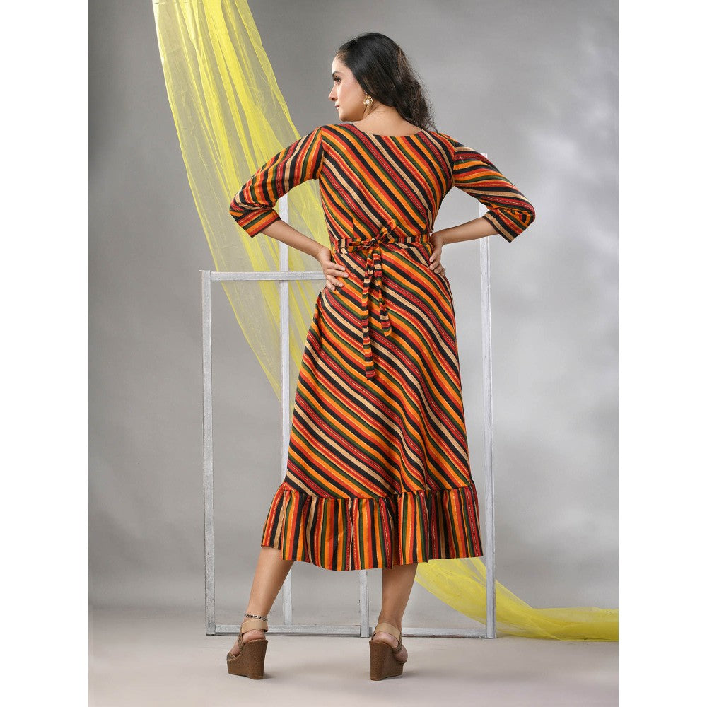 CHARUKRITI Multi-Color Cotton Blend Stripe Printed Flared Ethnic Dress