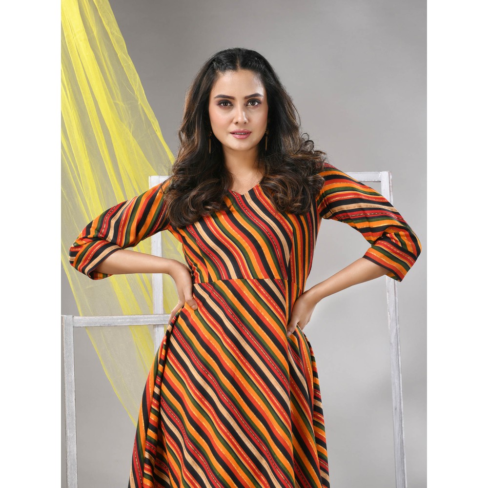 CHARUKRITI Multi-Color Cotton Blend Stripe Printed Flared Ethnic Dress