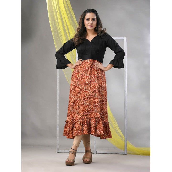 CHARUKRITI Orange Rayon Printed Flared Ethnic Dress