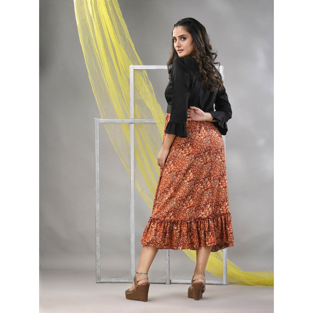 CHARUKRITI Orange Rayon Printed Flared Ethnic Dress