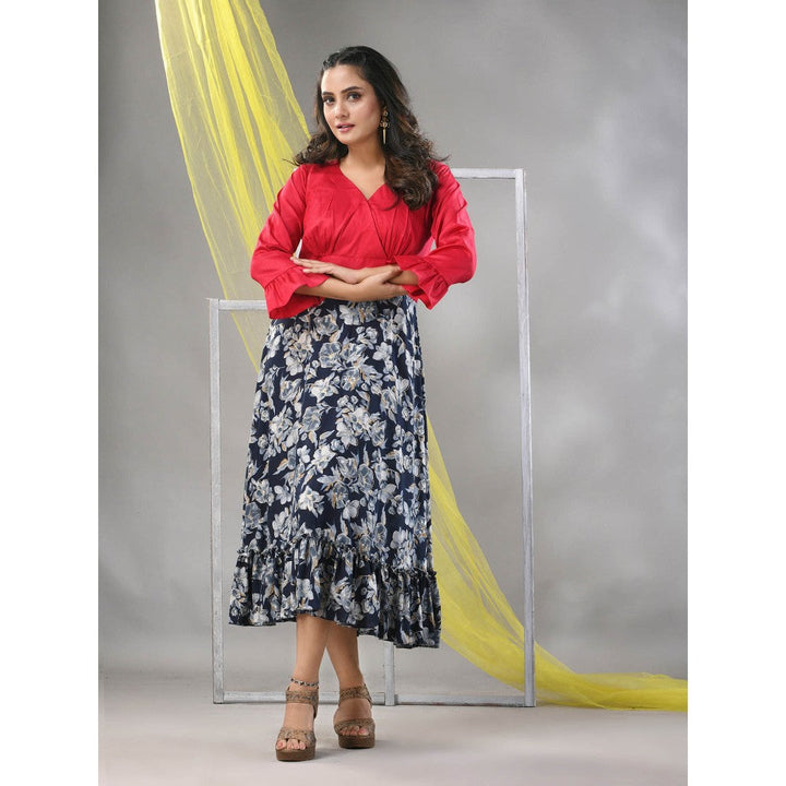 CHARUKRITI Navy Blue Rayon Printed Flared Ethnic Dress