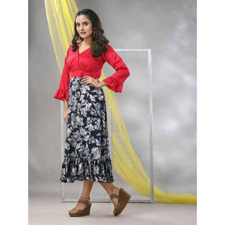 CHARUKRITI Navy Blue Rayon Printed Flared Ethnic Dress