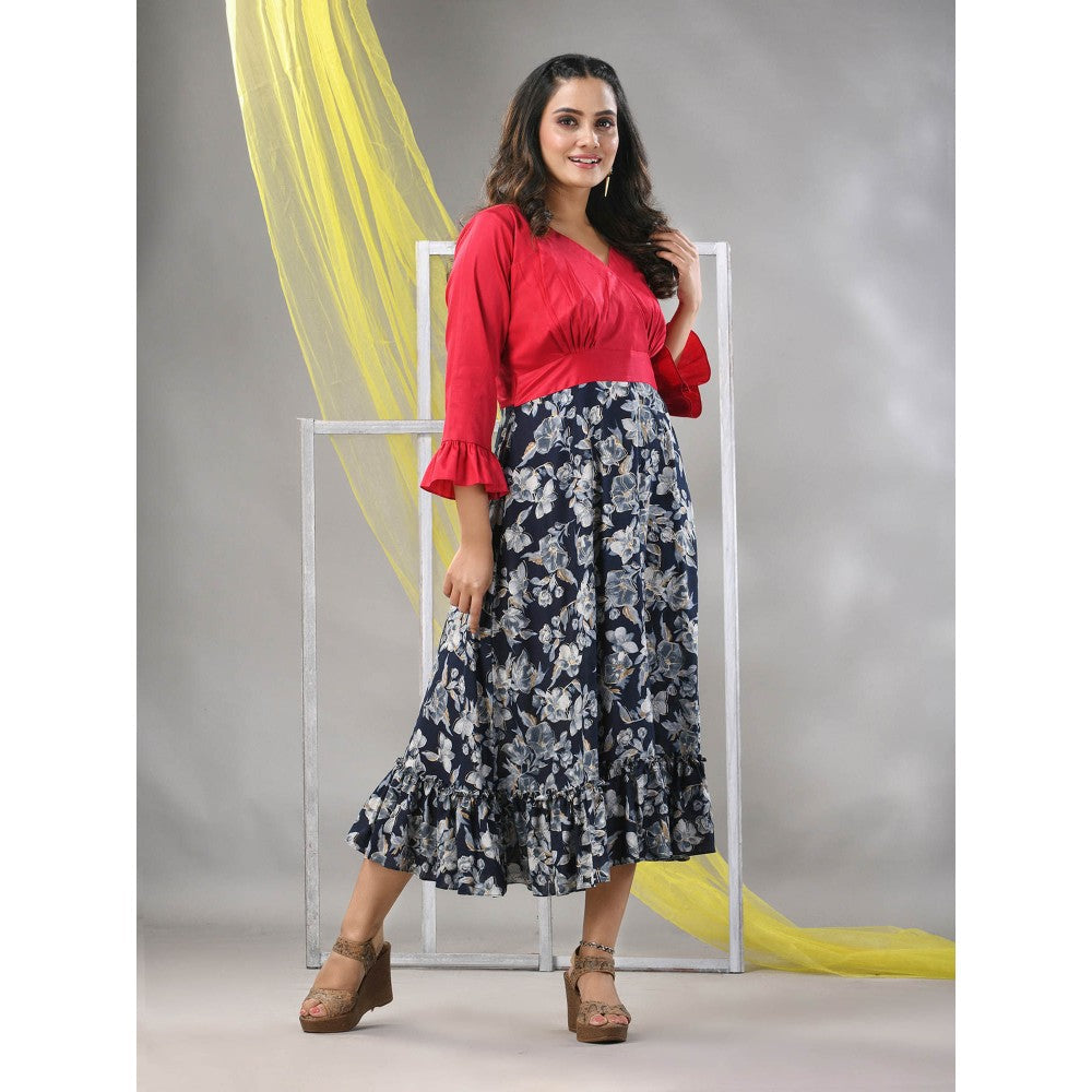 CHARUKRITI Navy Blue Rayon Printed Flared Ethnic Dress