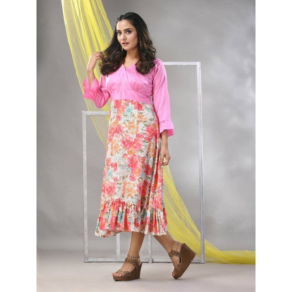 CHARUKRITI Baby Pink Rayon Printed Flared Ethnic Dress