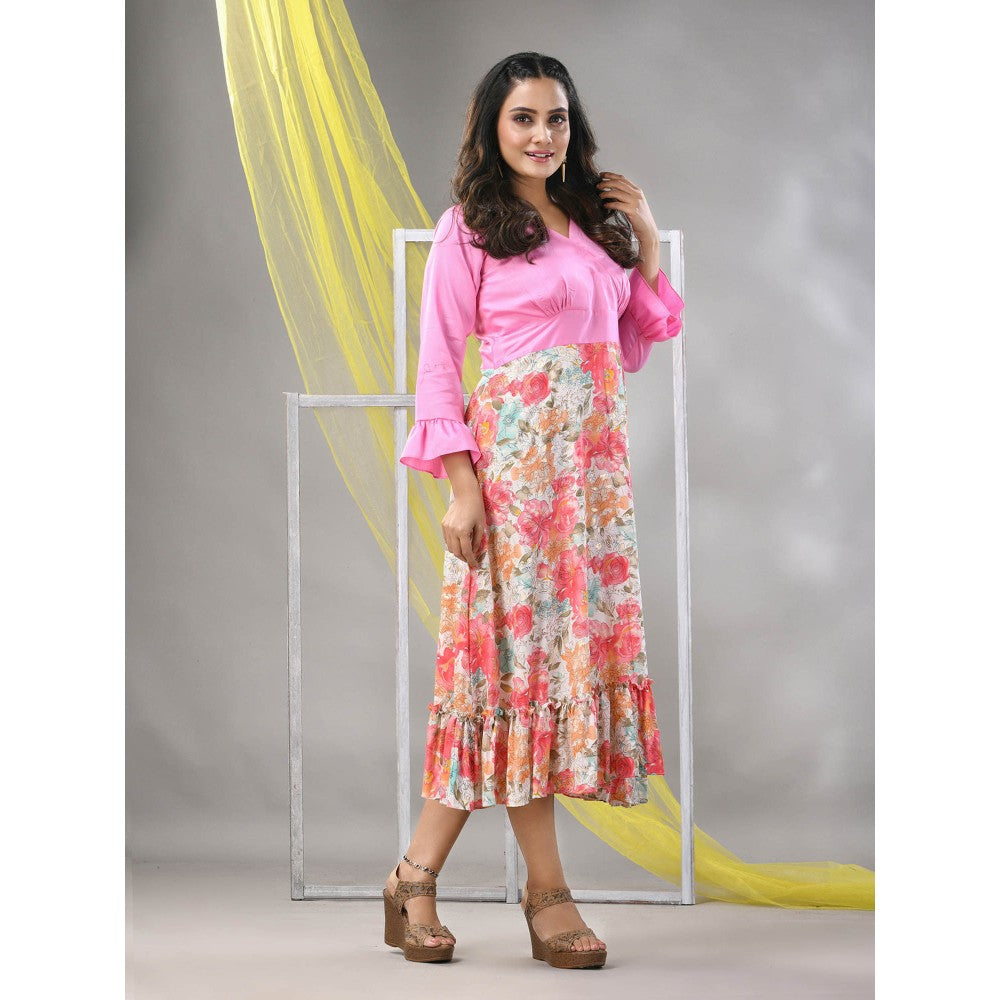 CHARUKRITI Baby Pink Rayon Printed Flared Ethnic Dress