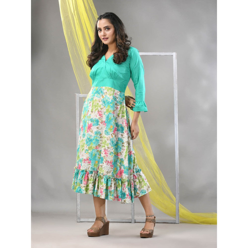 CHARUKRITI Mint Green Rayon Printed Flared Ethnic Dress