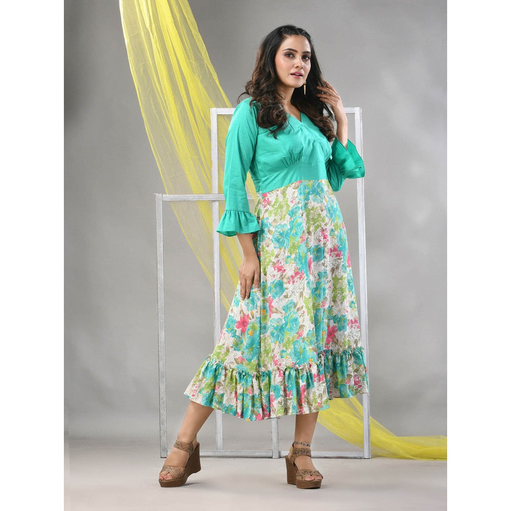 CHARUKRITI Mint Green Rayon Printed Flared Ethnic Dress