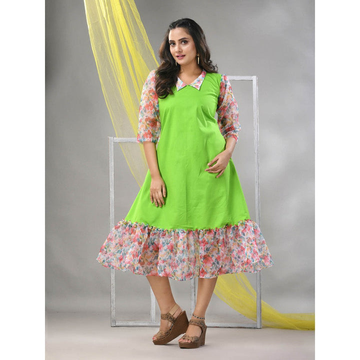 CHARUKRITI Parrot Green Cotton Solid A-line Ethnic Dress With Ruffle