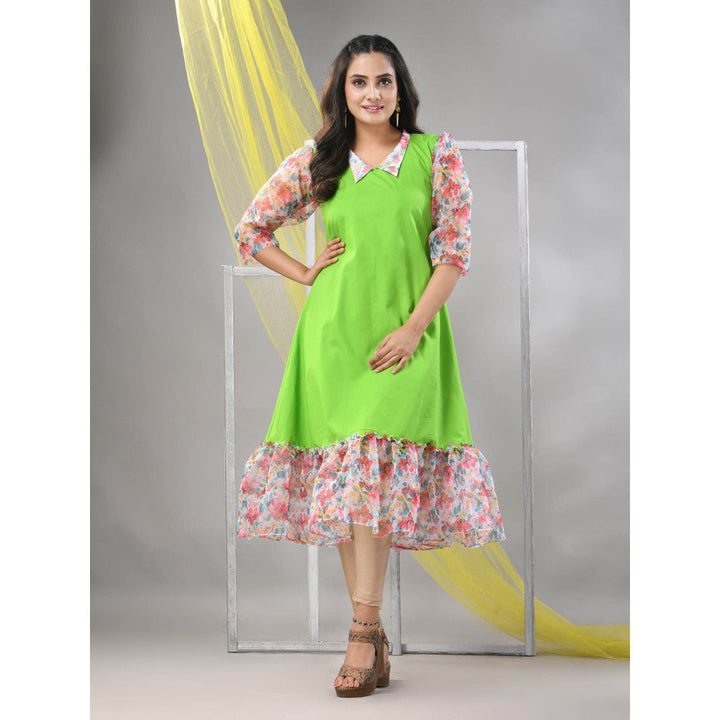 CHARUKRITI Parrot Green Cotton Solid A-line Ethnic Dress With Ruffle