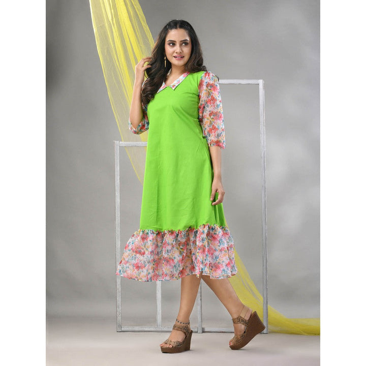 CHARUKRITI Parrot Green Cotton Solid A-line Ethnic Dress With Ruffle