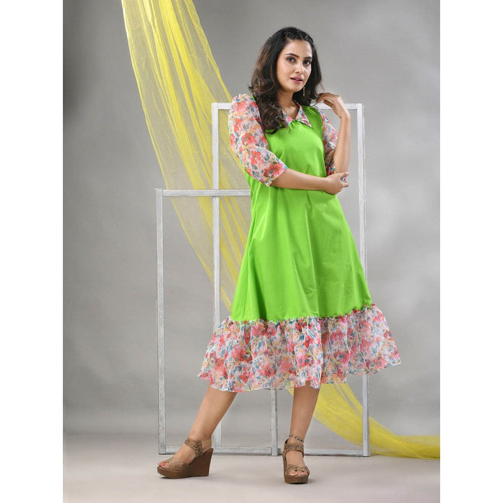 CHARUKRITI Parrot Green Cotton Solid A-line Ethnic Dress With Ruffle