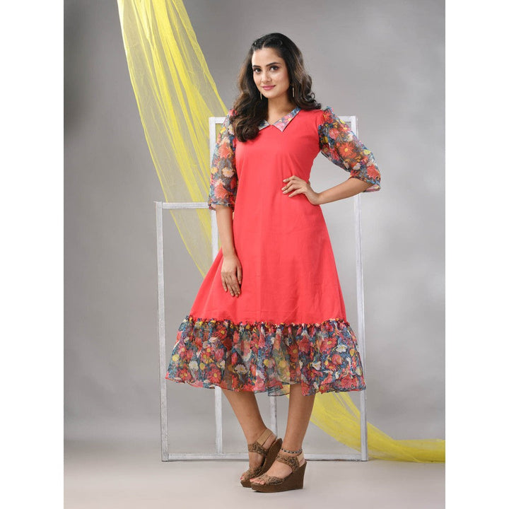 CHARUKRITI Peach Cotton Solid A-line Ethnic Dress With Ruffle