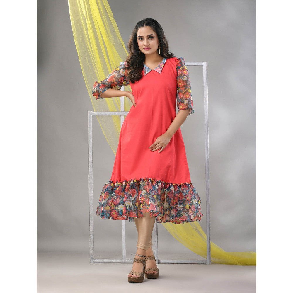 CHARUKRITI Peach Cotton Solid A-line Ethnic Dress With Ruffle