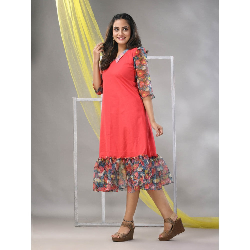 CHARUKRITI Peach Cotton Solid A-line Ethnic Dress With Ruffle