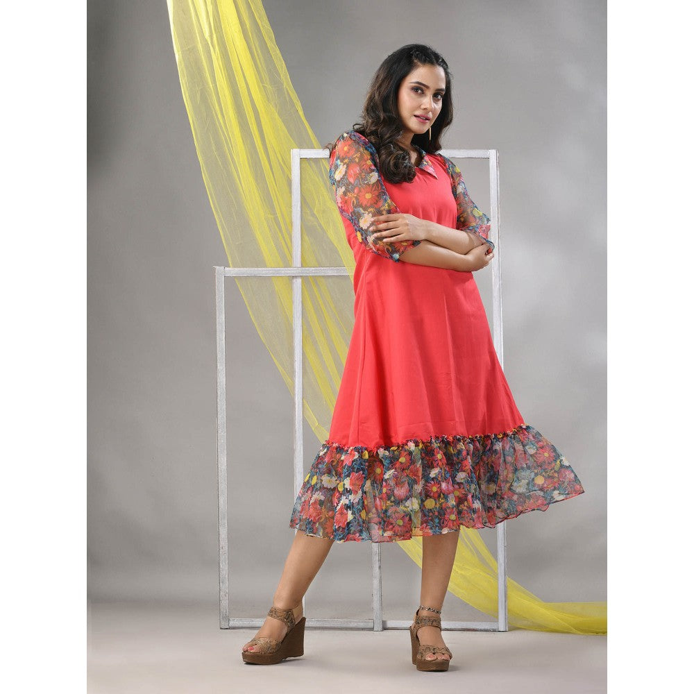 CHARUKRITI Peach Cotton Solid A-line Ethnic Dress With Ruffle